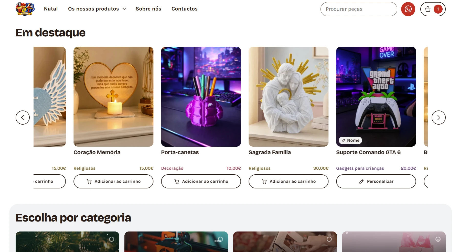 A loja da Kukii Store: produtos em destaque, cada um com preço e botão para adicionar ao carrinho